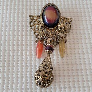 Gold Tone Textured Open Work Purple Orange Red Cabochon Button Clip Drop Dangle